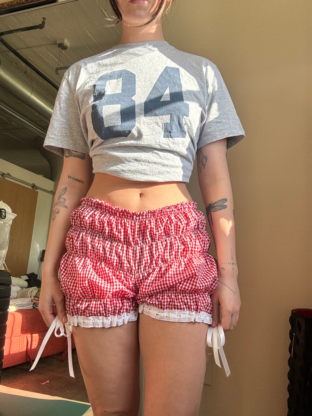 Red gingham ruffle shorts